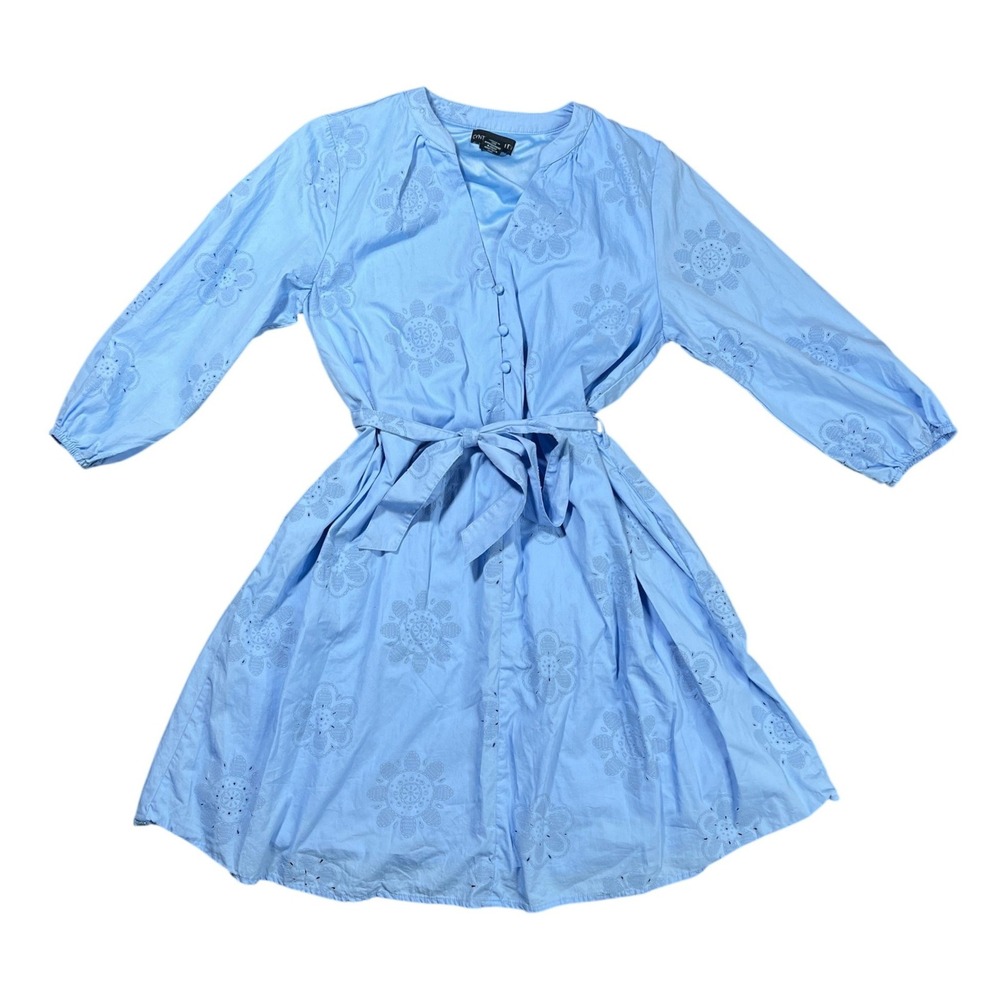 Cynthia Rowley Blue Eyelet‎ Floral Dress Women's Medium Button Front Tie Pockets